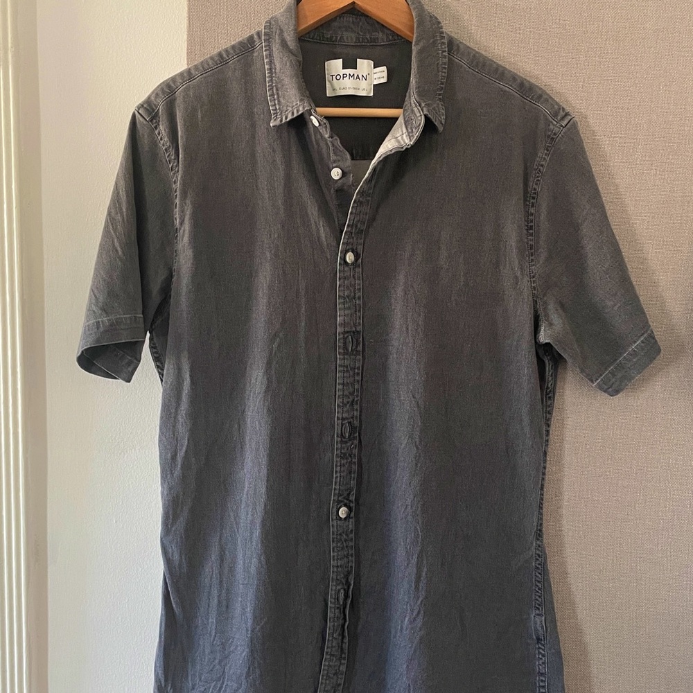 TopMan Fitted Denim Button Down - Black